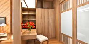 ภาพจำลอง3D โต๊ะเครื่องแป้งและตู้เสื้อผ้าโทนไม้ โครงการ ตกแต่งภายในบ้านสั่งสร้าง ลพบุรี