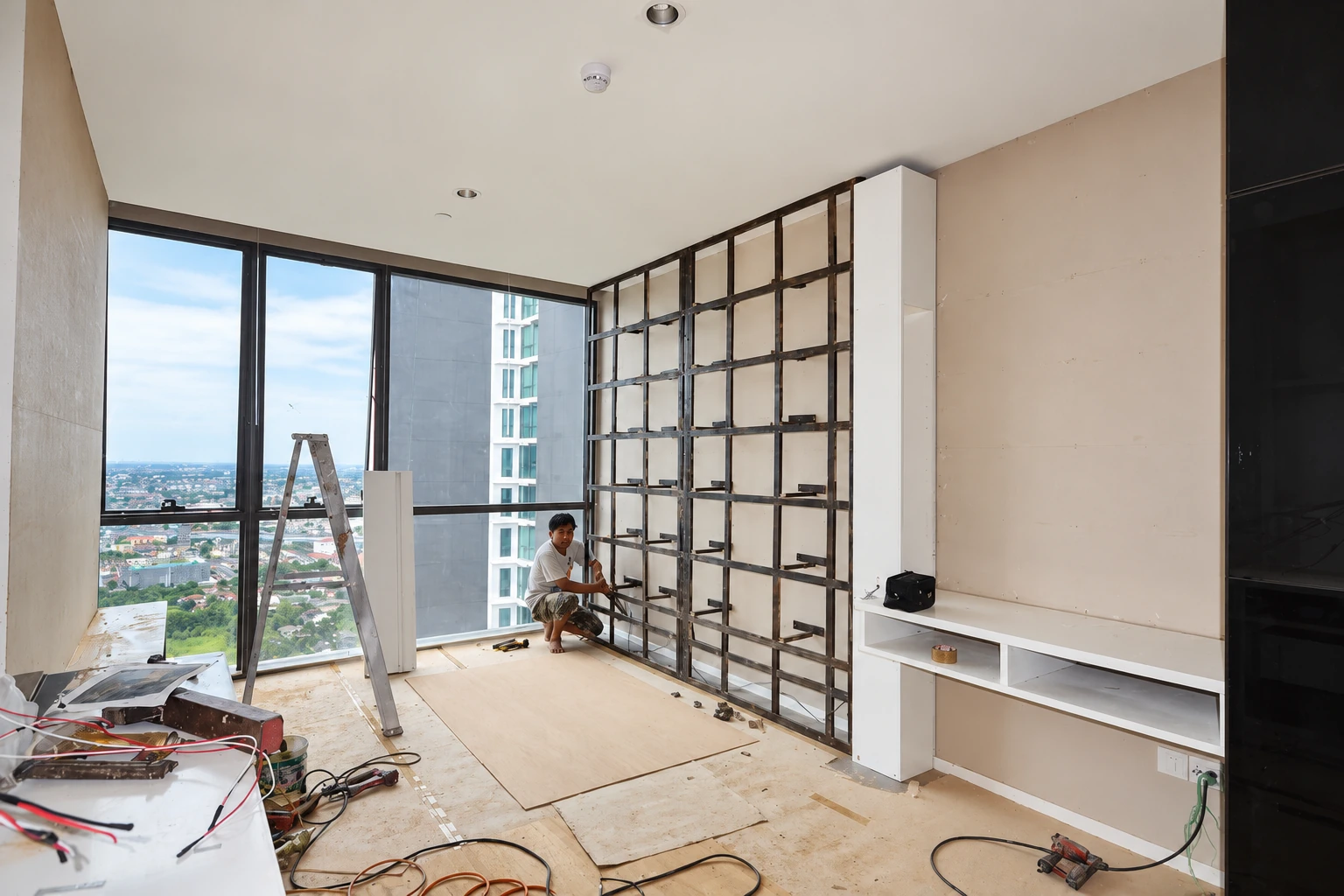 โครงติดตั้งผนังและตู้ภายในคอนโดระหว่างทำงาน โครงการ333 Riverside R2
